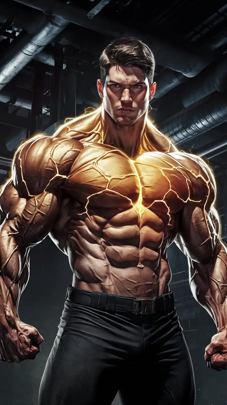 Powerfully muscled, hugely ripped, pumped, seething with luminous golden superpower. 19 years old.