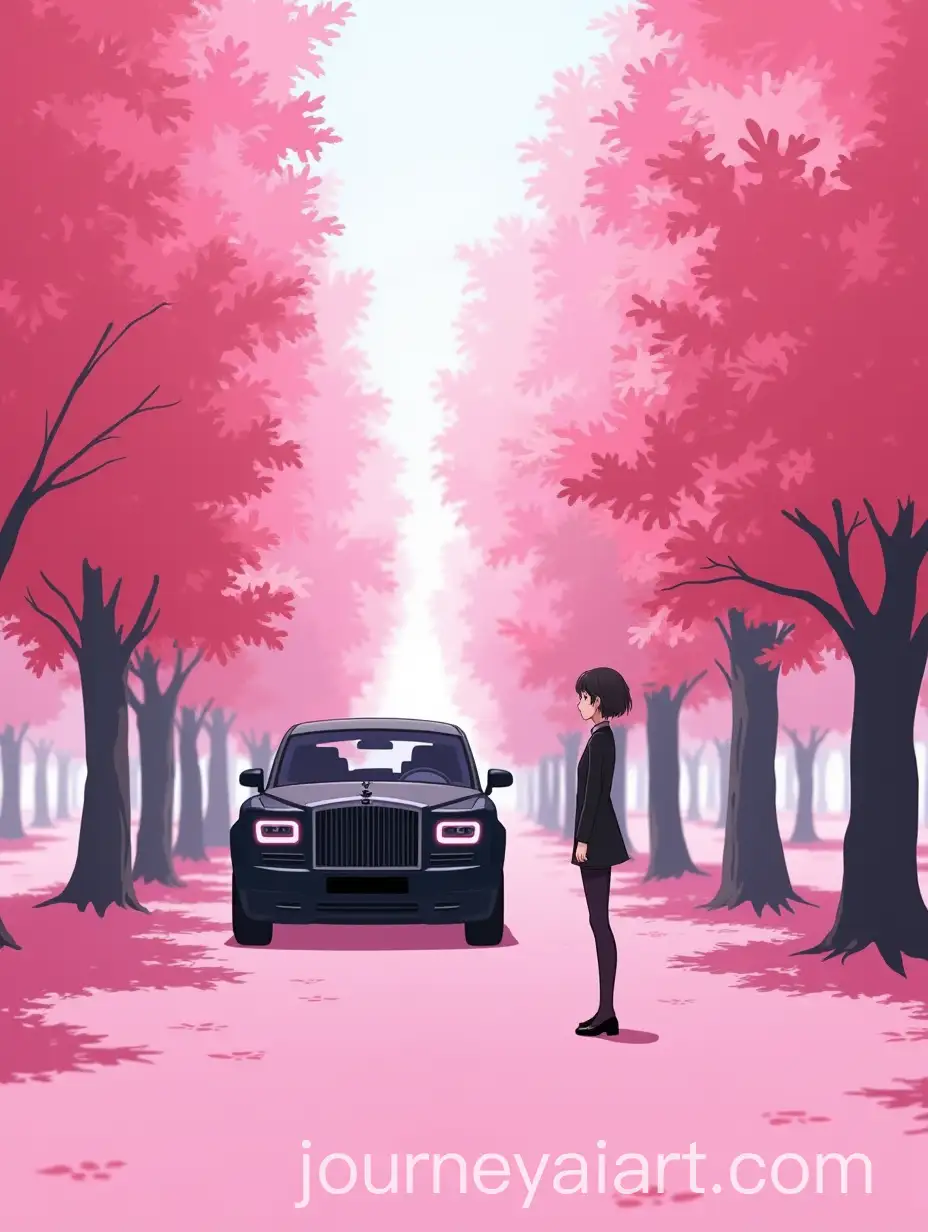 Girl-in-Black-Viewing-Pink-Rolls-Royce-in-Pink-Pathway