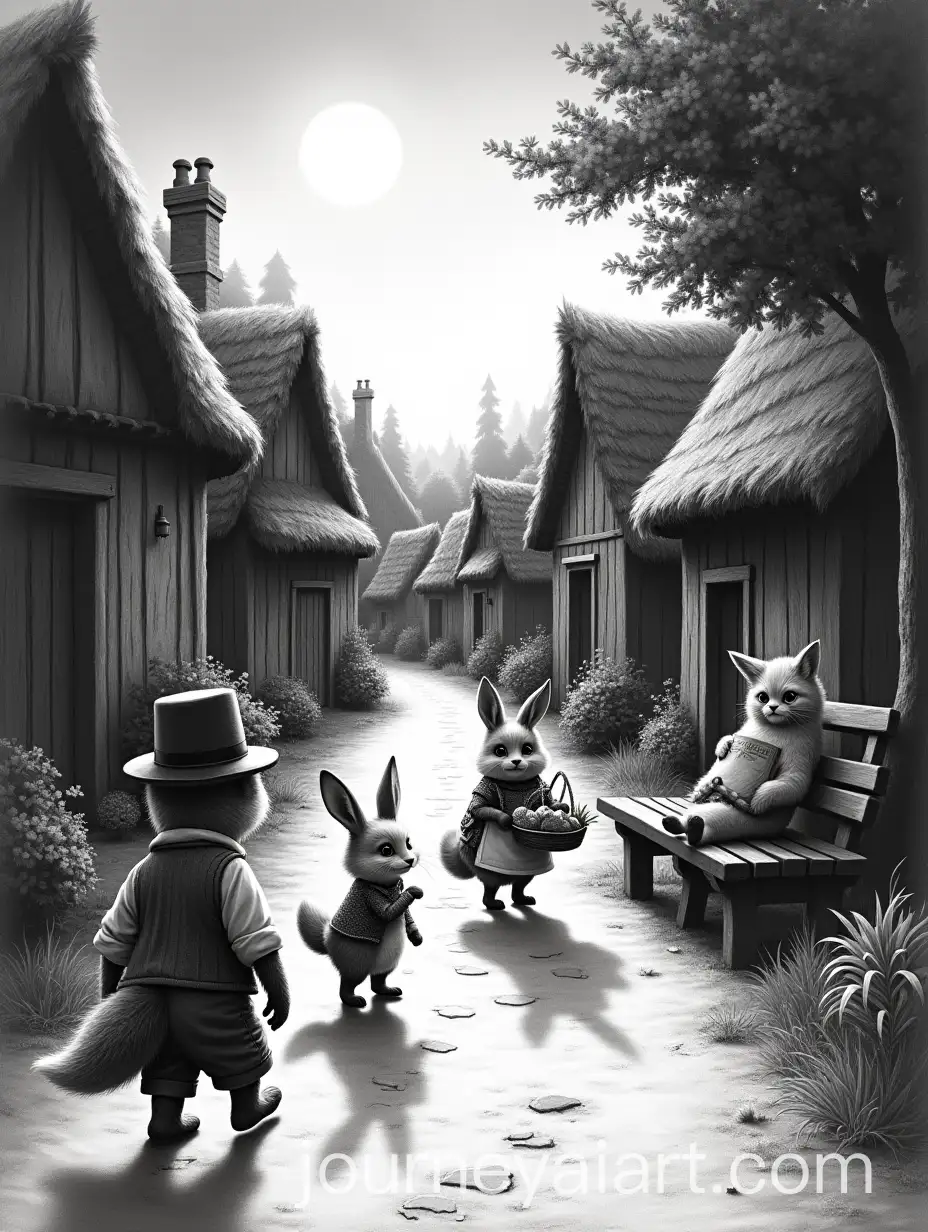 Anthropomorphic-Animals-in-a-Charcoal-Village-Scene