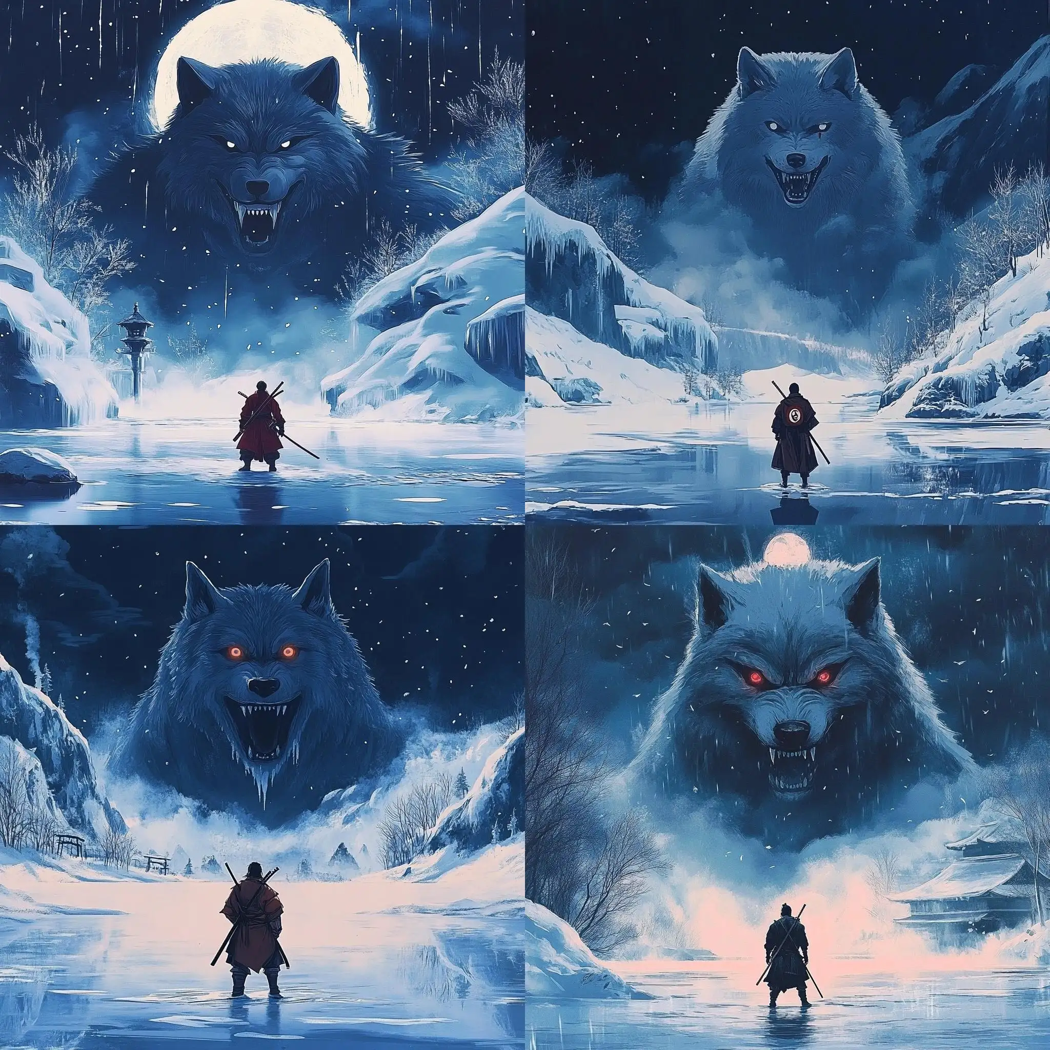 1990s-Anime-Samurai-Facing-Giant-Wolf-Across-Frozen-Lake