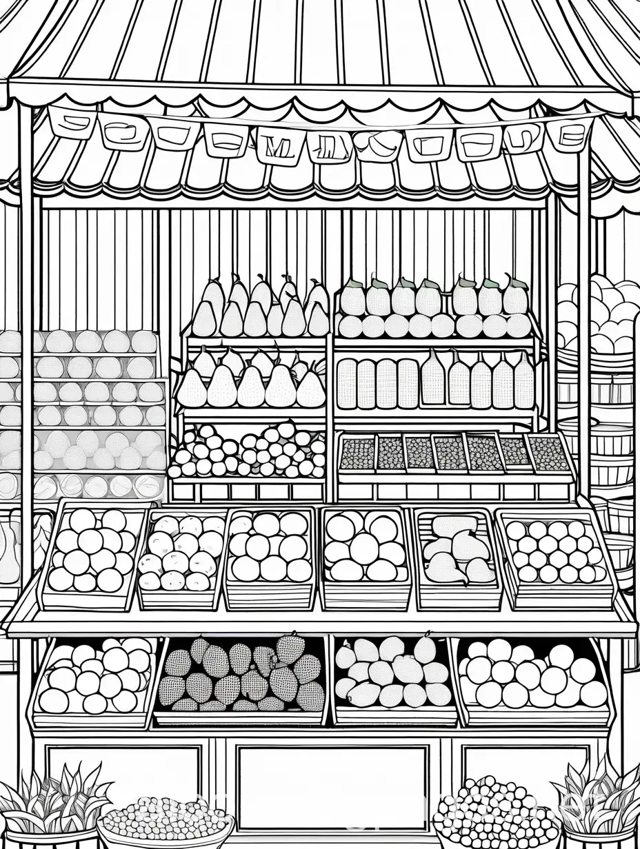 A market stall with fresh fruits and flowers., Coloring Page, black and white, line art, white background, Simplicity, Ample White Space. The background of the coloring page is plain white to make it easy for young children to color within the lines. The outlines of all the subjects are easy to distinguish, making it simple for kids to color without too much difficulty