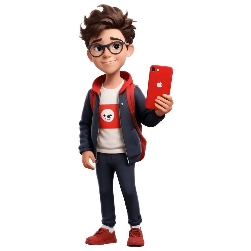 PNG-Image-of-a-Cute-Boy-with-Glasses-Holding-a-Red-iPhone-7-Plus-in-Cartoon-Simpson-Style