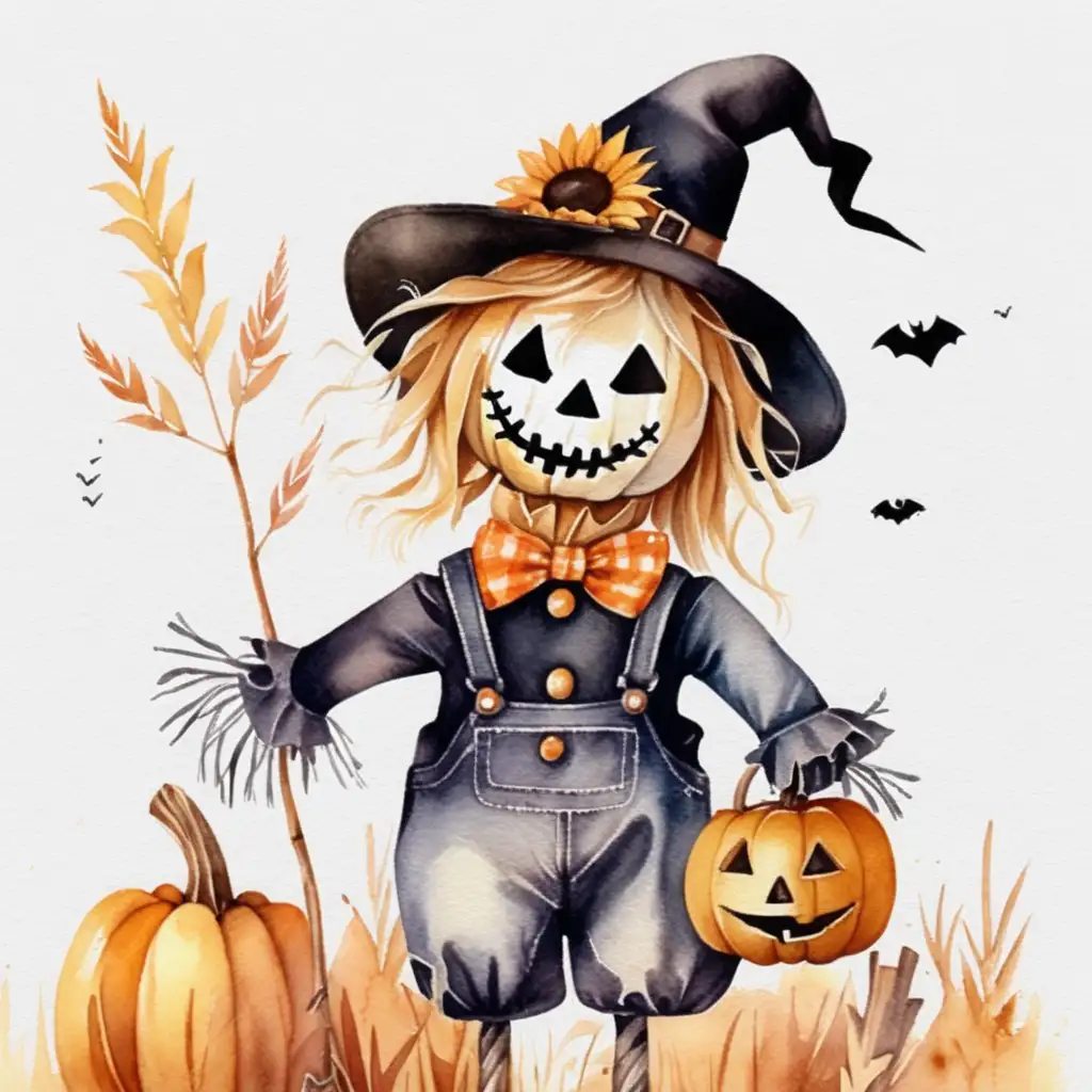 Aesthetic Watercolor Halloween Scarecrow Painting