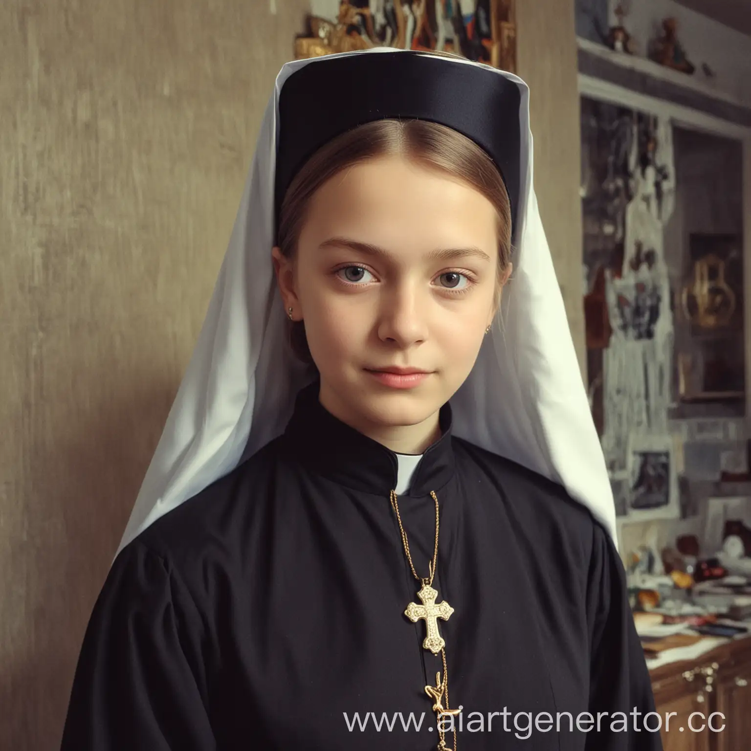 Russian-Orthodox-Girl-in-Traditional-Cassock-Captured-on-Phone-Camera