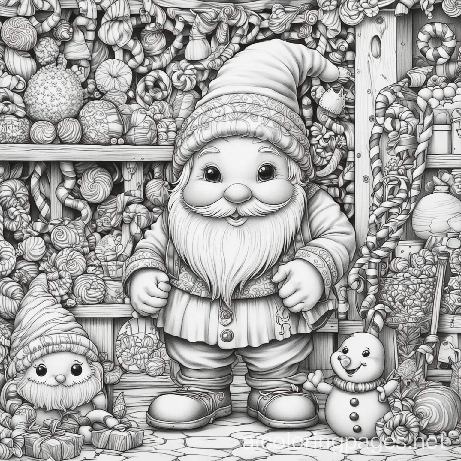 Gnome-and-Snowman-Making-Candy-in-Cozy-Shop-Simple-Coloring-Page-for-Kids