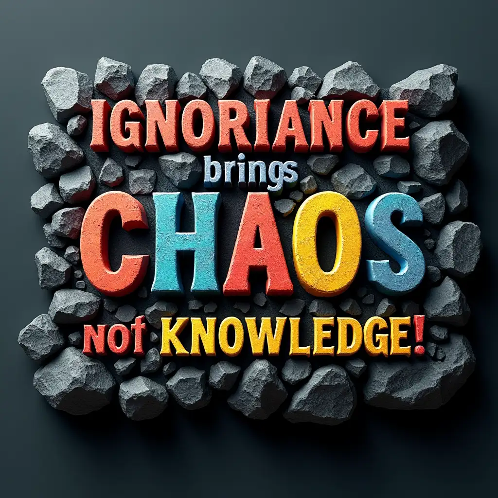 3D logo, textured letters spelling out the words 'Ignorance brings CHAOS not Knowledge!'. The letters are a mix of vibrant colors, appearing to be carved into or embedded within fragmented dark gray rocks or debris.