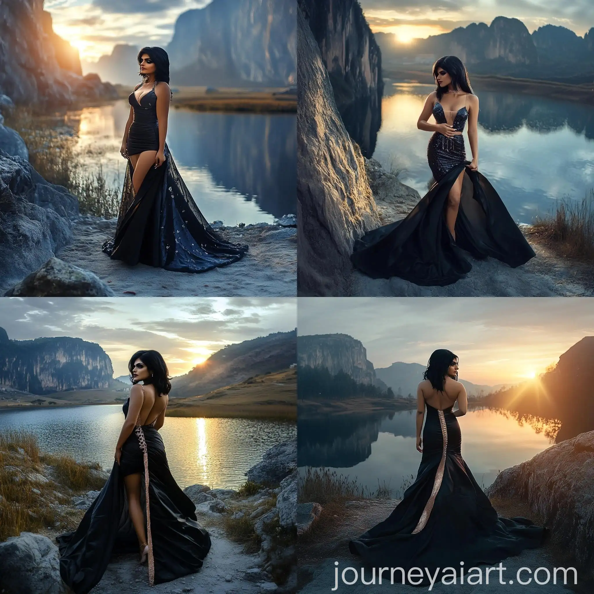 Woman-in-Blue-Wedding-Dress-at-Mountain-Lake-Sunset