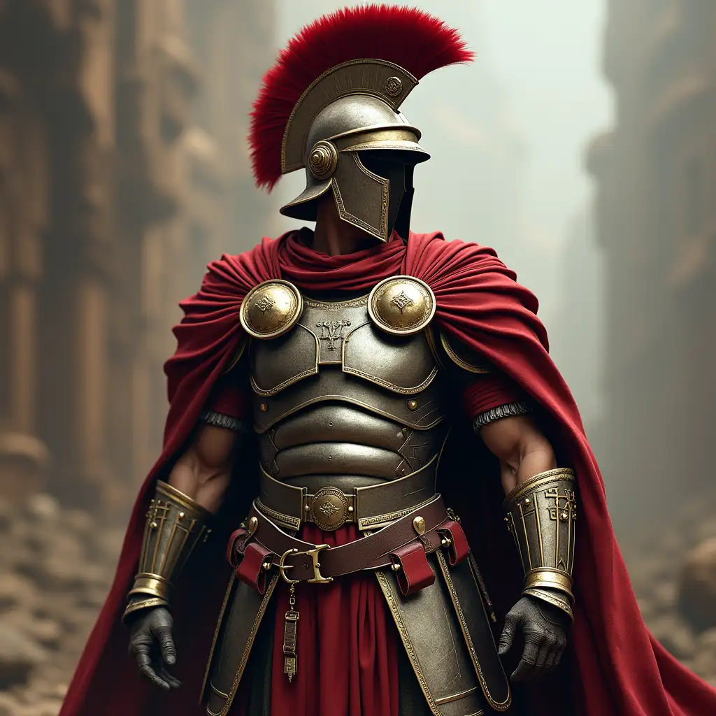 legionary veteran, Roman style, power armor, plumage, cloak, science fiction, photorealism, hyperdetailed, 360k