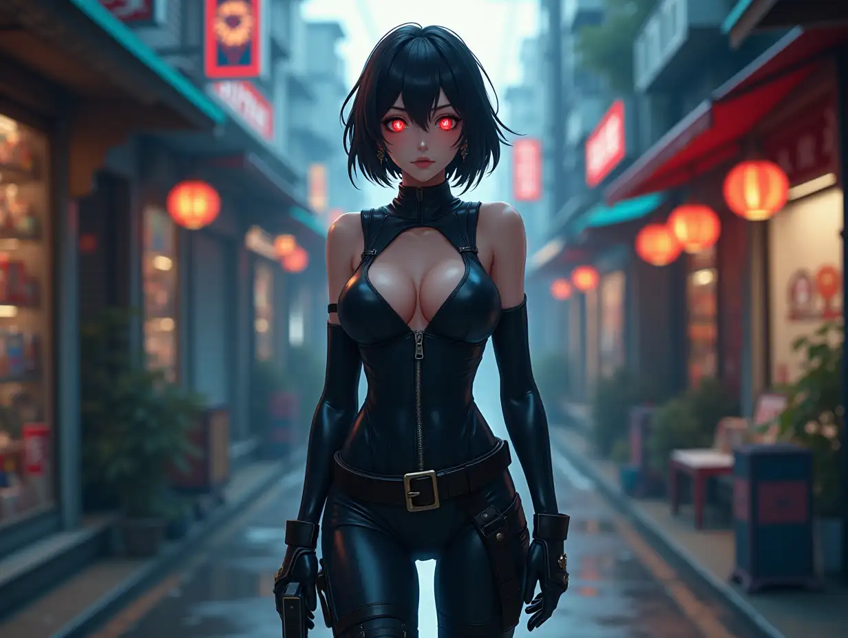 Short hair, mature Asian woman thief cyber runner in a dynamic full-length pose, eyes with red electronic pupils, large breast, extreme skintight body glove zipped down with cleavage, combat boots and combat belt. Full view of her body from boots up, low wide angle. Future store filled city alley street. Anime