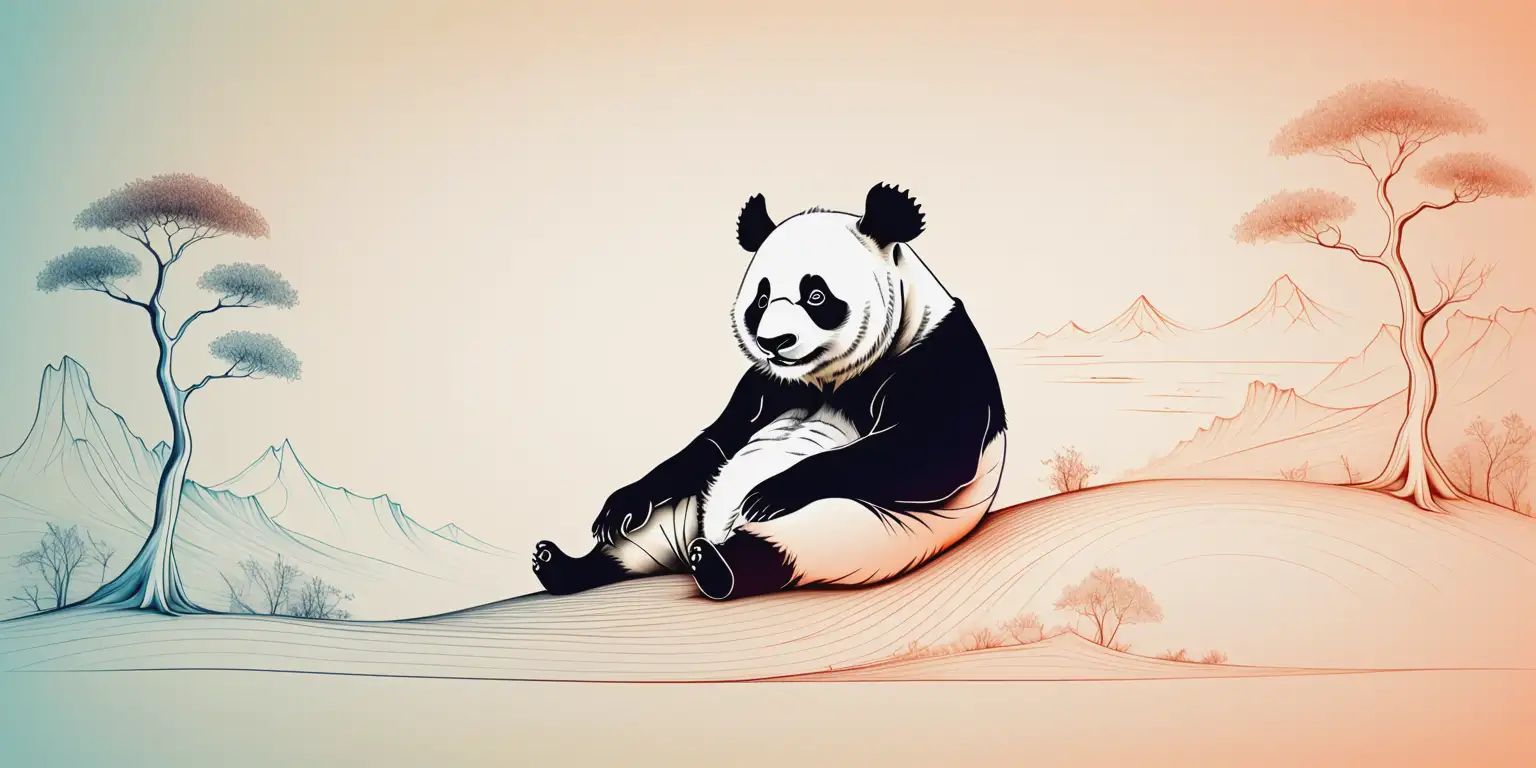 Surreal Line Drawing of a Small Happy Panda in Natural Color Gradients