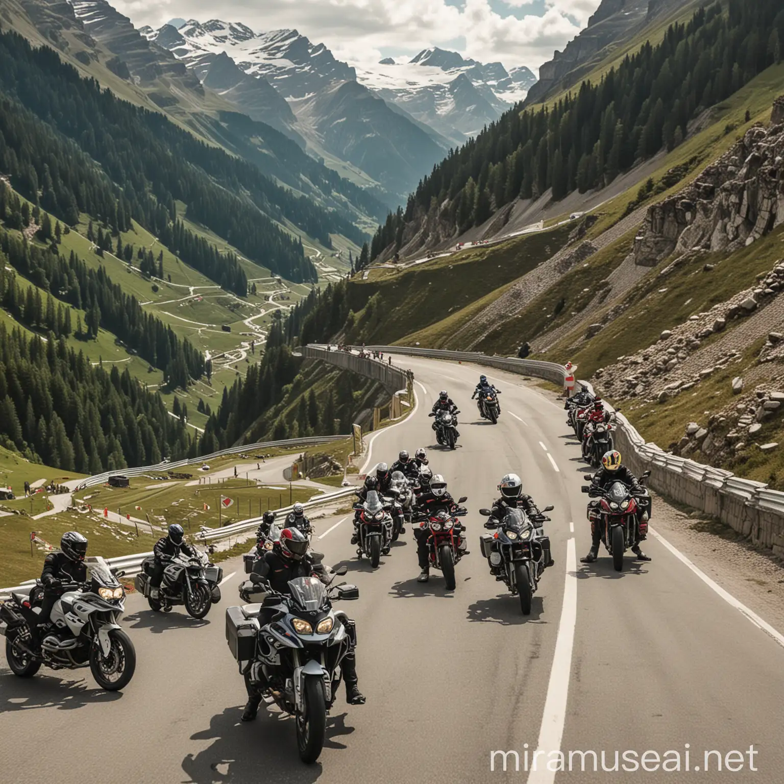 Group of BMW Motorbikes on Stelvio Pass Road