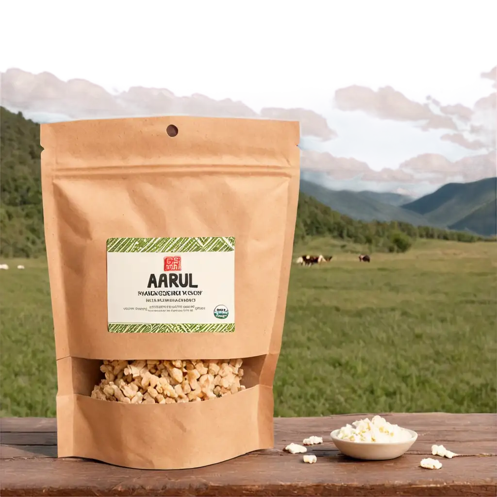 A sealed brown kraft paper pouch with a transparent window, showing neatly arranged white traditional Mongolian aaruul (dried curd snack) inside. The aaruul pieces are rectangular or curved, clean and dry. A simple product label is attached to the front of the pouch. The pouch is placed on a rustic linen cloth, and in the background are green mountains and steppe of Mongolia’s Khangai region. Nomadic people and livestock (yaks, goats, or sheep) can be seen in the distance. Natural soft light, health food photography style. The scene highlights the packaging of a healthy, organic, traditional dairy snack.