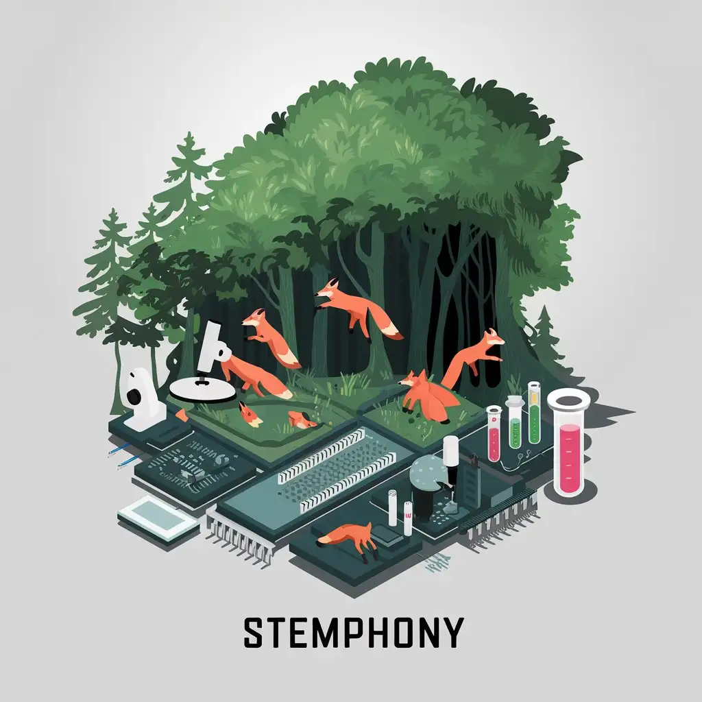 LOGO Design for STEMphony Realistic Foxes in Forest with STEM Elements