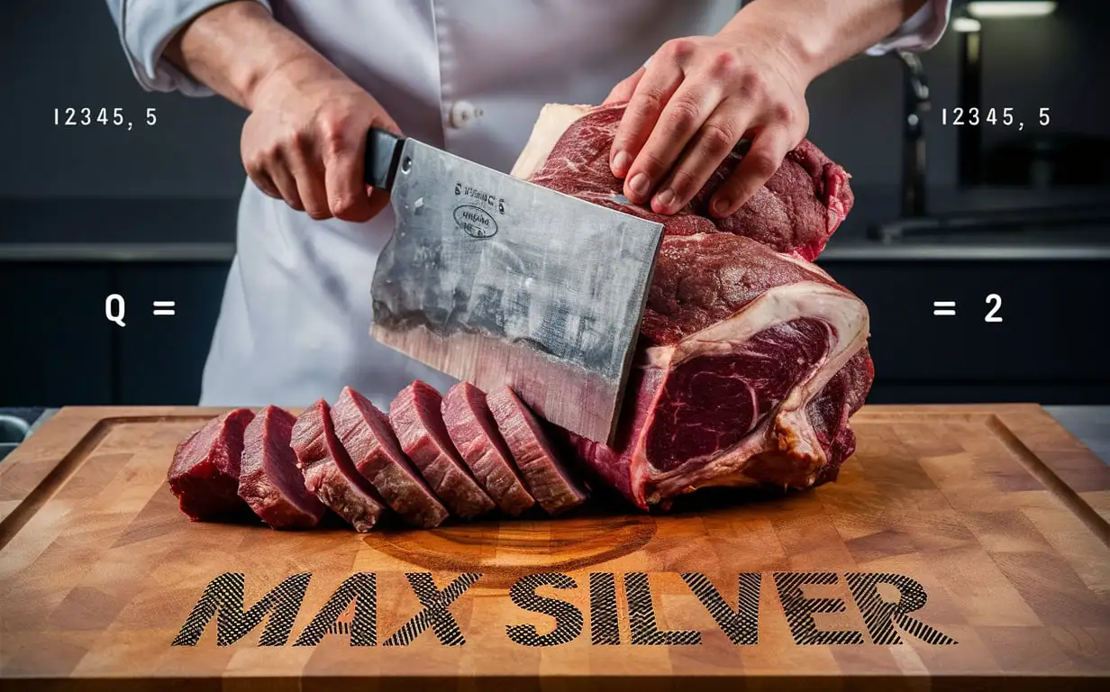 Cutting the meat in the kitchen with a big meat knife, the pieces of meat fall on the wooden board, with the pieces of meat the word “MAX SILVER“ written-seed 12345—v 5.-seed 12345—v 5. is written-seed 12345—v 5 ‏`--q 2`