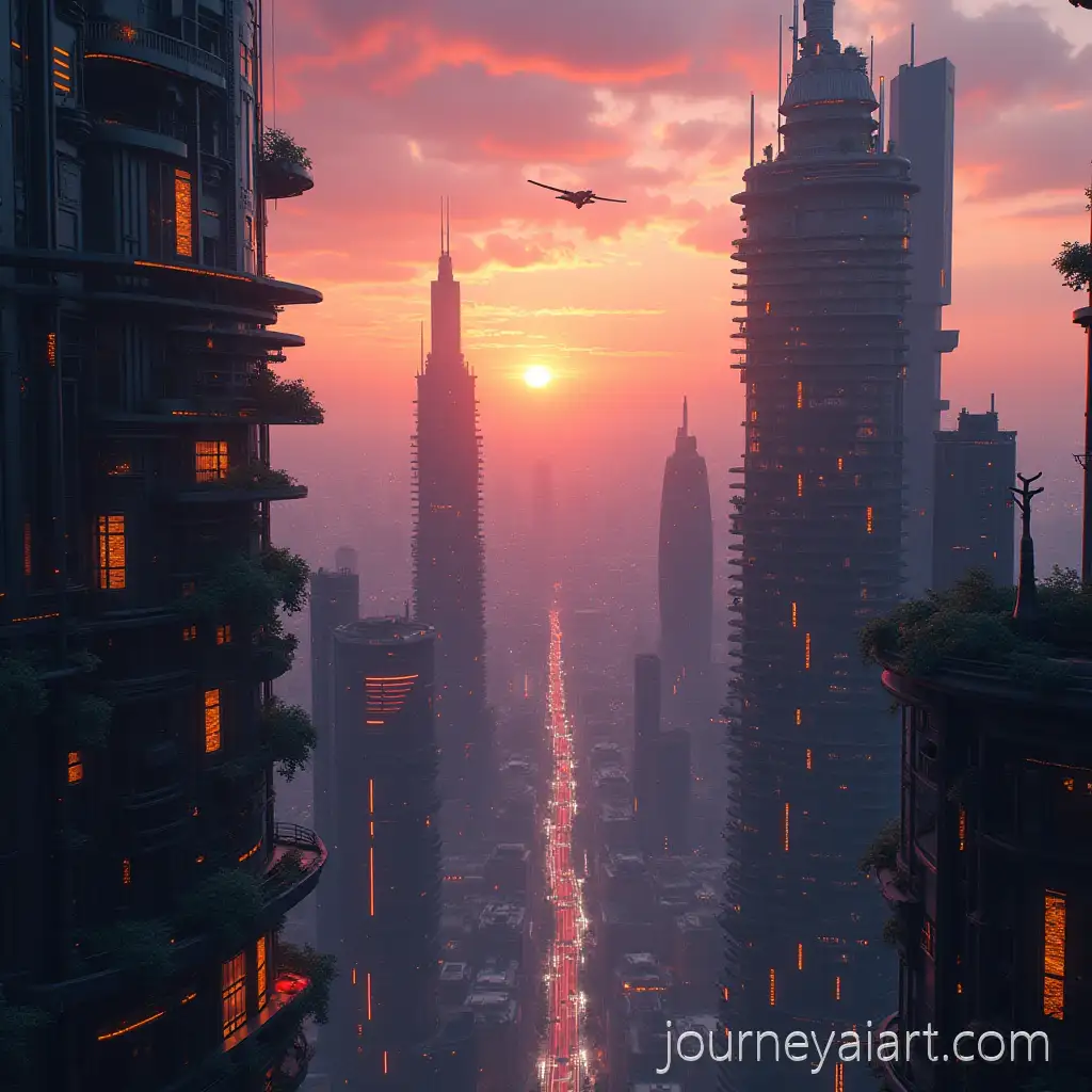 Futuristic-City-Skyline-at-Sunset-with-Flying-Cars-and-Neon-Lights