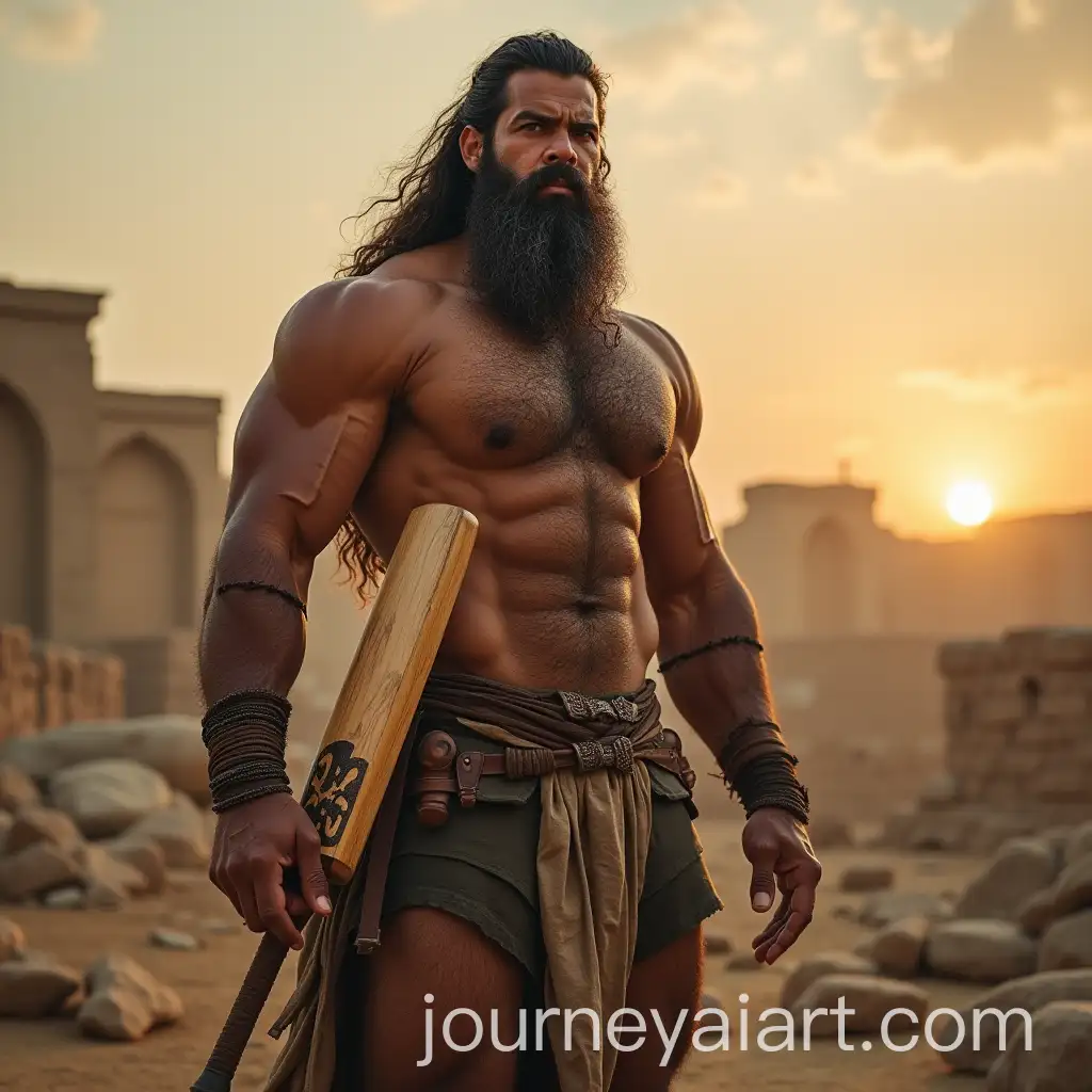 Ancient-Warrior-with-Modern-Cricket-Bat-in-Ruins