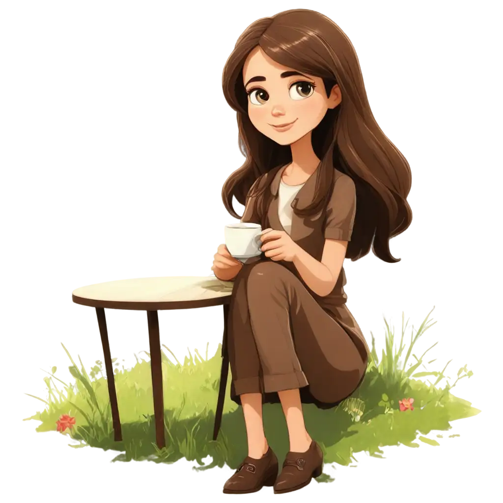 Kind-Cartoon-Brunette-Girl-Sitting-on-a-Glade-Drinking-Coffee-PNG-Image