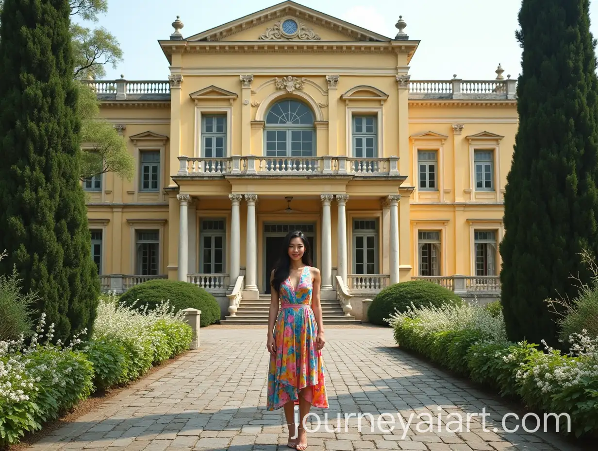 Overgrown-European-Neoclassical-Palace-with-Thai-Woman-in-Elegant-Satin-Dress