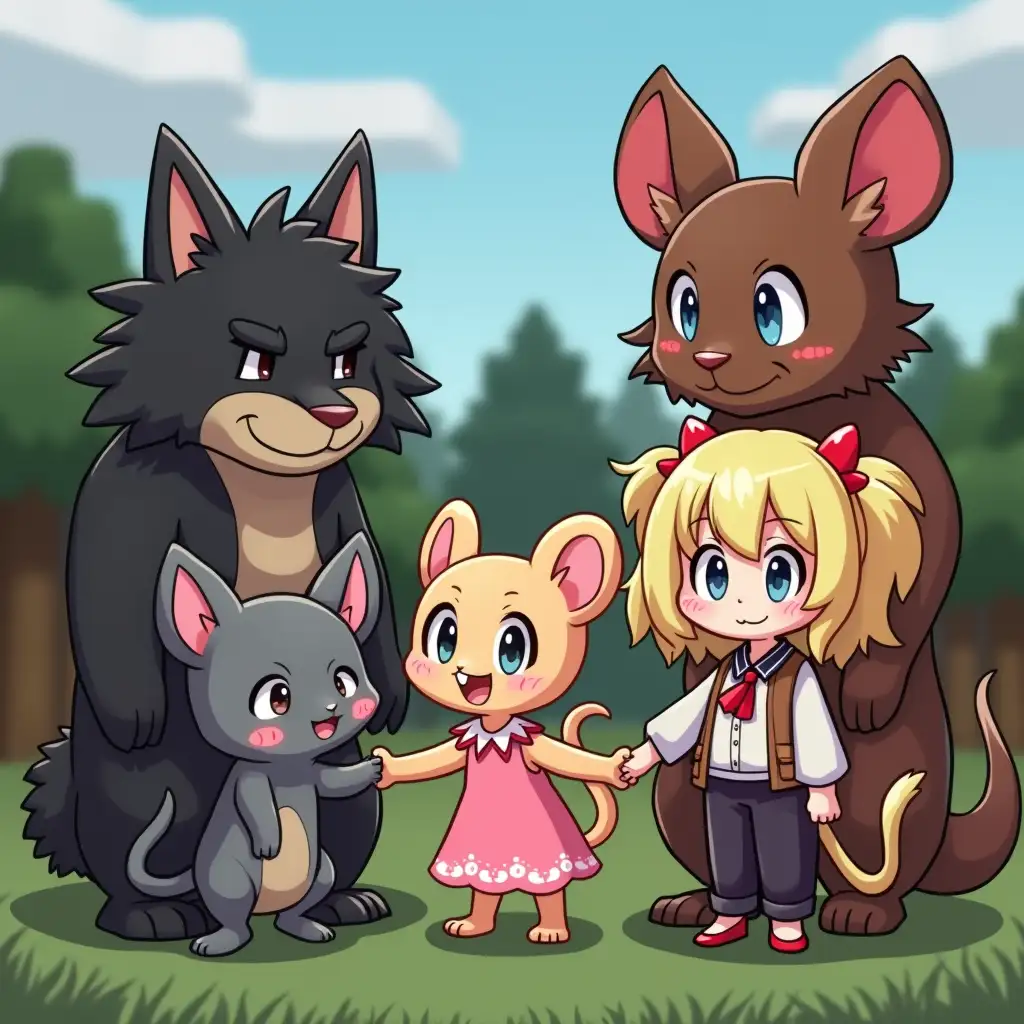 Characters, a male mouse, a female mouse, a male werewolf, a female Pokemon, a blonde loli, in Minecraft style with a Minecraft background