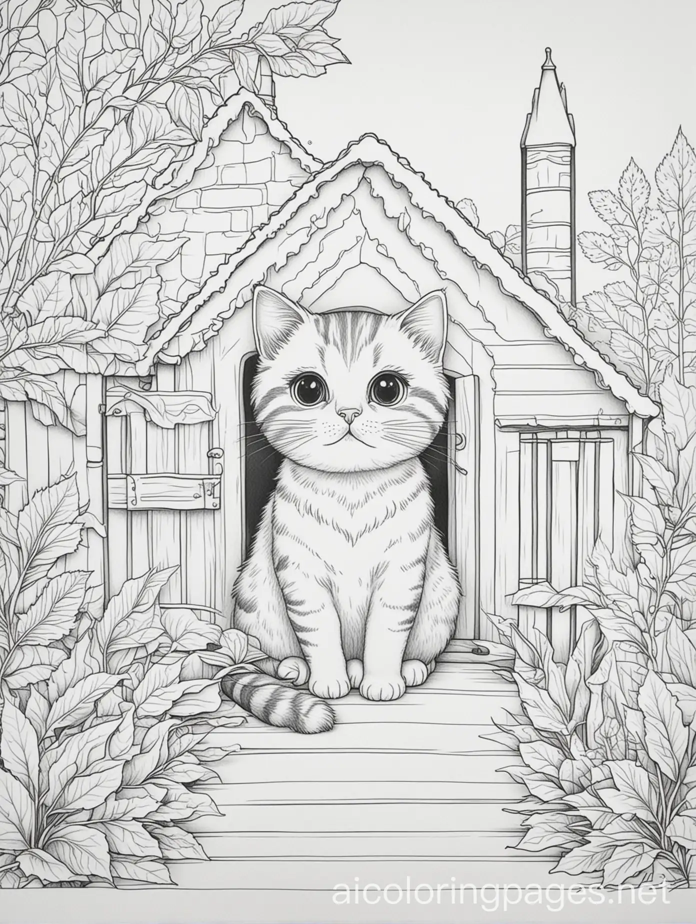 A cute cat in a cozy house, Coloring Page, black and white, line art, white background, Simplicity, Ample White Space. The background of the coloring page is plain white to make it easy for young children to color within the lines. The outlines of all the subjects are easy to distinguish, making it simple for kids to color without too much difficulty