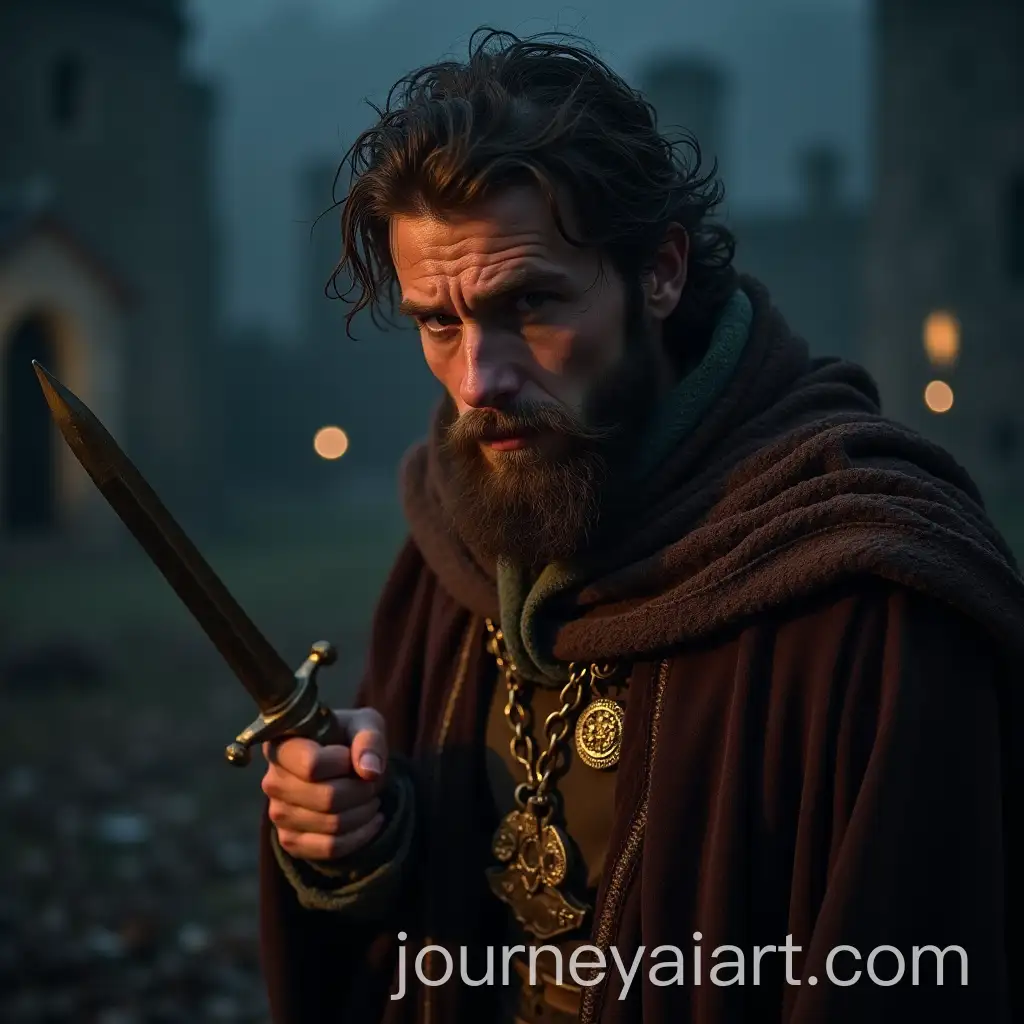 Man-in-Royal-Clothing-with-Dagger-Heading-Toward-Castle-at-Night