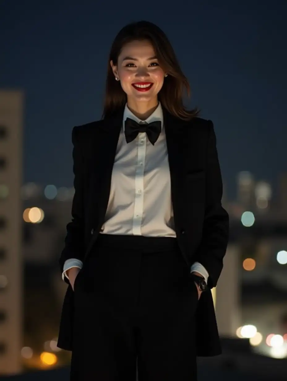 Confident-Chinese-Woman-in-Elegant-Tuxedo-Standing-on-Building-Ledge-at-Night