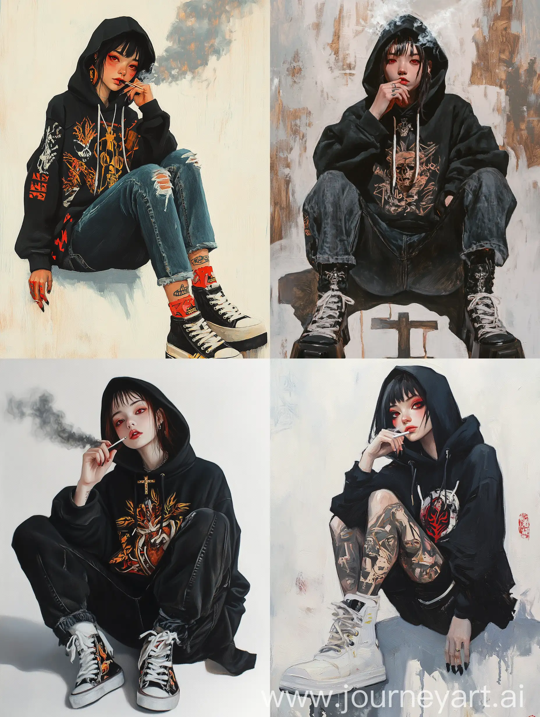 Asian-Girl-in-Tribal-Pattern-Hoodie-Smoking-with-Red-Eyes