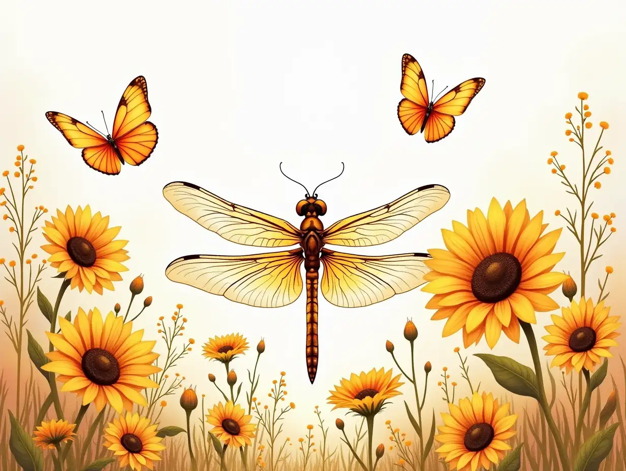 Create a detailed and vibrant  featuring a natural scene with sunflowers, butterflies, and a dragonfly. The central panel should prominently display a large dragonfly with translucent wings, showcasing intricate patterns in shades of orange and black, surrounded by a field of sunflowers with rich golden petals and dark centers, along with various wildflowers and grasses for depth. illustrate two butterflies, one larger and one smaller, both with orange and black wings, fluttering above the sunflowers. the field of sunflowers and wildflowers, maintaining a cohesive and immersive nature scene. Use a soft watercolor style with splashes of warm tones to create a dreamy and serene atmosphere. Vector illustration, Oil art