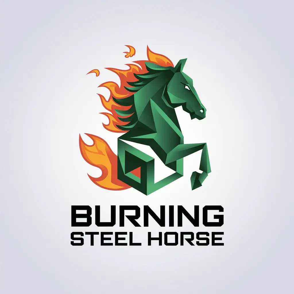 LOGO-Design-for-Burning-Steel-Horse-Green-Minimalistic-Vector-with-Fiery-Mane-and-Tail