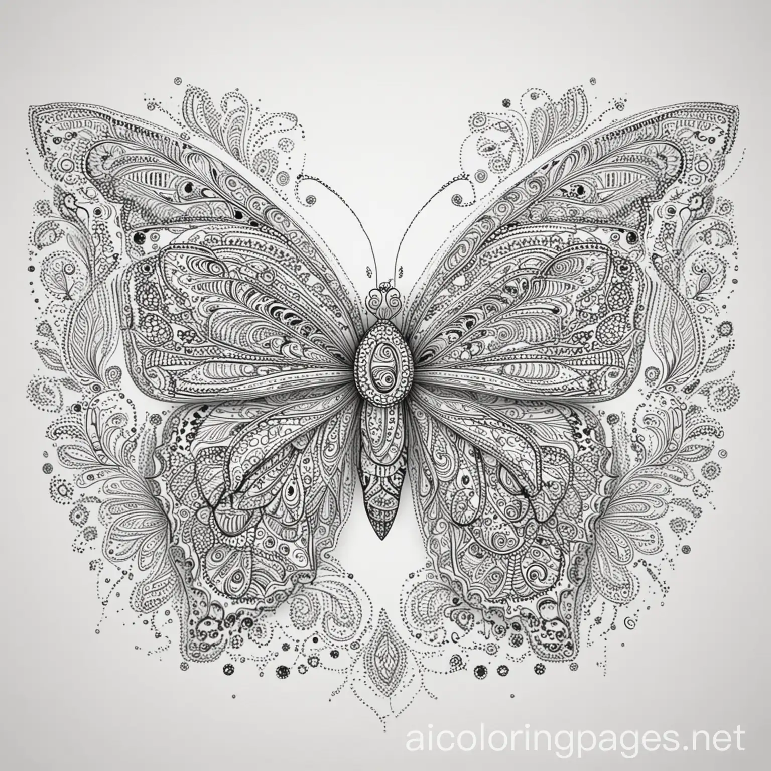 butterfly combined with paisley, Coloring Page, black and white, line art, white background, Simplicity, Ample White Space. The background of the coloring page is plain white to make it easy for young children to color within the lines. The outlines of all the subjects are easy to distinguish, making it simple for kids to color without too much difficulty