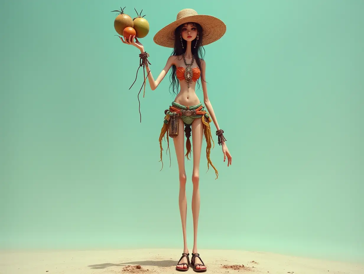 A very tall female figure with extremely thin legs and long thin arms, with a hat and sandals, wearing jewelry.and has several coconuts in her hand 4K resolution Colorful Steampunk