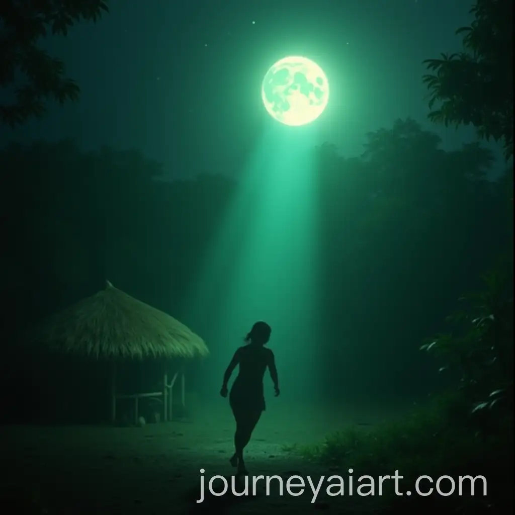 Woman-Running-Scared-Under-Greenish-Light-in-Amazon-Village-at-Midnight