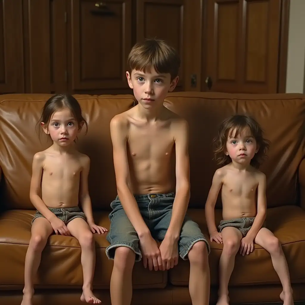 Young-Children-and-Boy-Sitting-Together-on-a-Leather-Couch-in-a-Wooden-Room