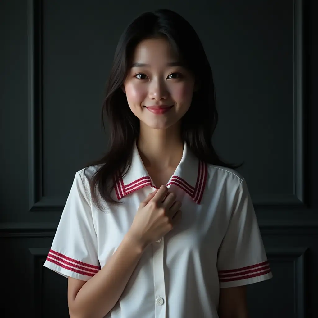 A portrait of an attractive Asian female Senior high school student, round face, long hair, wearing fit white school uniform blouse, red checkered, standing up straight, left hand touches her chest ((scratching)), looking at you, slight smile, front angle shot view, medium half body, dark gray room wall background, dark night mode, centered close, hyper realistic, high detailed, 8k