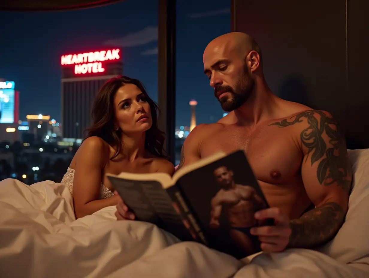 Tense-Moment-in-Las-Vegas-Hotel-with-Upset-Woman-and-Distracted-Bodybuilder-Husband