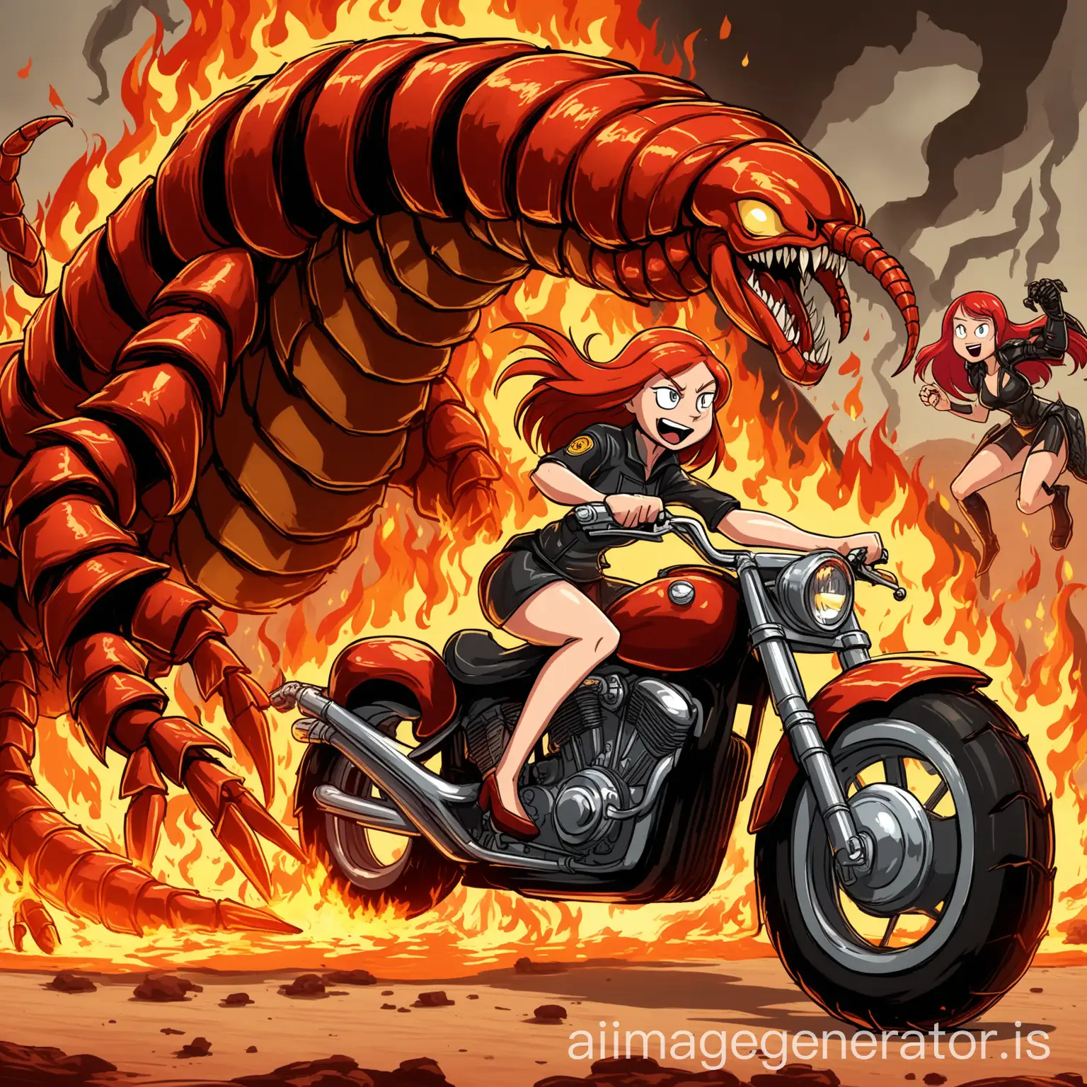 RedHaired-Girl-on-Flaming-Motorcycle-Defending-Against-Giant-Scorpion