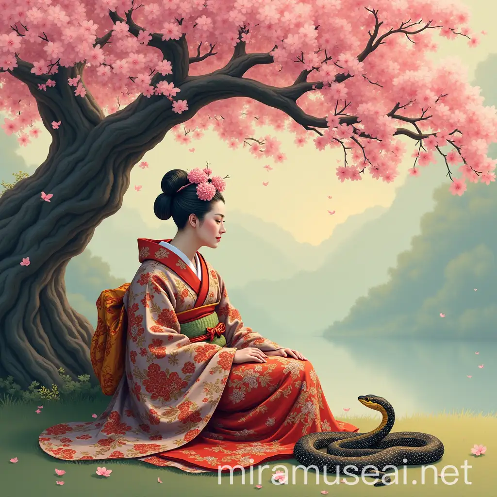 Elderly Geisha Beneath Blossoming Cherry Tree with Snake