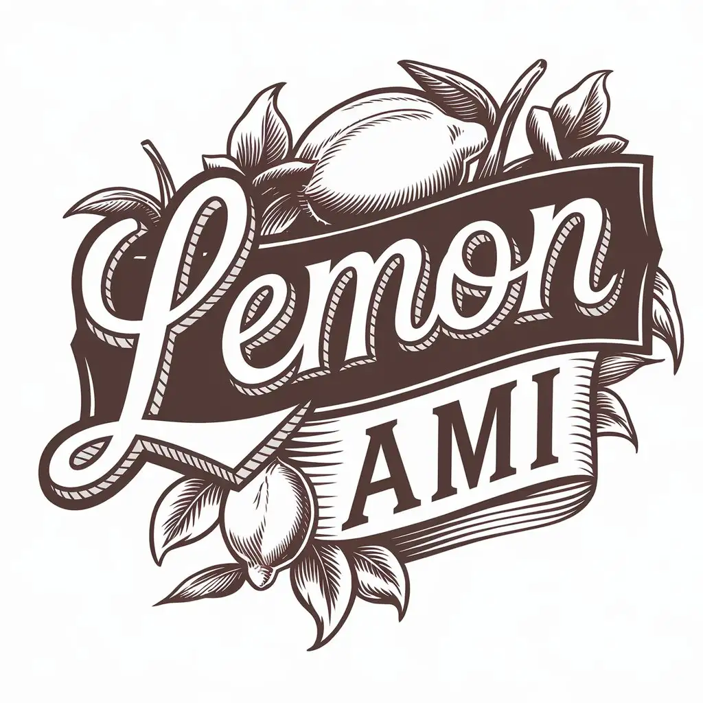 LOGO-Design-For-Lemon-AMI-Vintage-Style-Lemon-with-Leaves-and-Flowers-for-Glass-Bottle