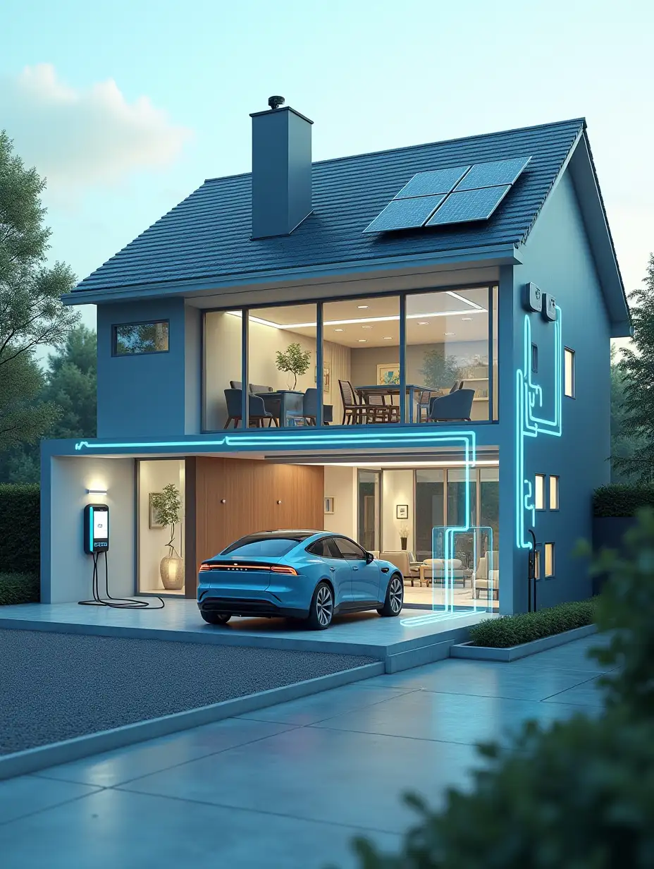 Create a detailed, futuristic cutaway illustration of a modern home with an integrated electric vehicle charging station. The house should have transparent walls showing a car parked in the garage, connected to a charging system. The charging cables should run from the house's renewable energy sources, such as solar panels on the roof, to the vehicle. Include a sleek underground battery storage system on one side and a charging control unit with visualized data display screens. On the other side, represent the electrical wiring flowing into the vehicle. Use glowing blue and green hues to represent energy flow. The interior of the house should look stylish and modern, with a living space that complements the eco-friendly technology outside.