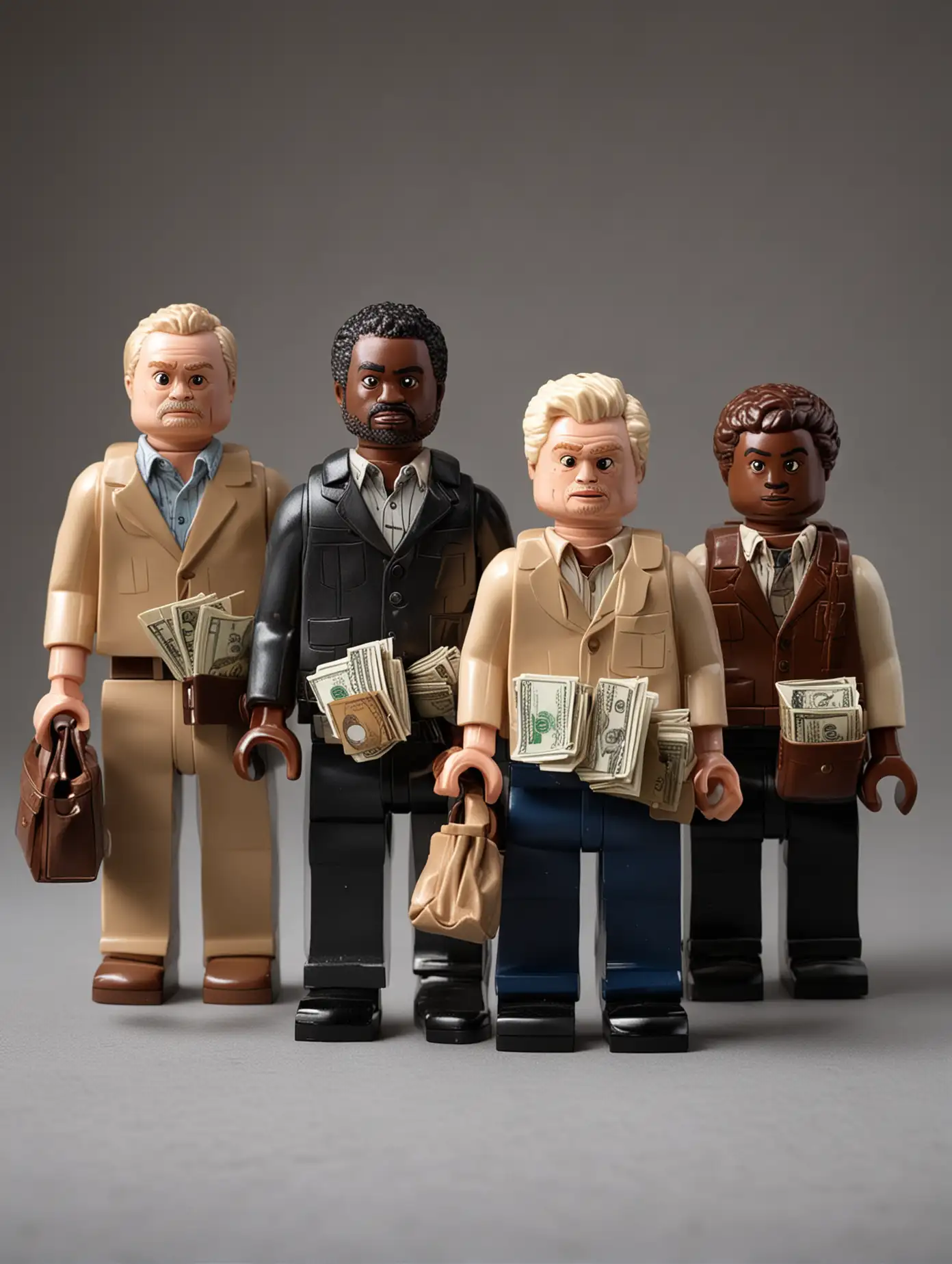 Diverse Lego Dads with Cash Bag in Cinematic 35mm Style