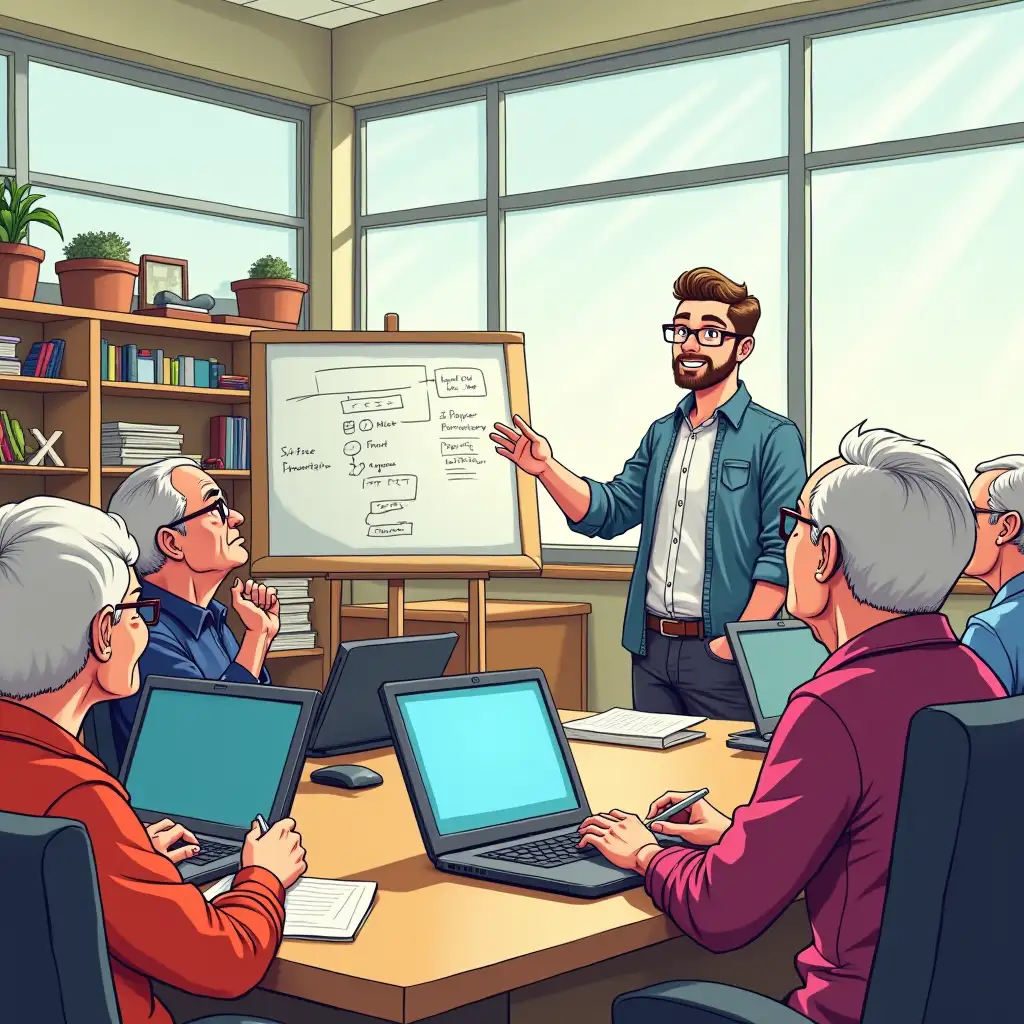 A lively and colorful comic-style scene set in a classroom where a group of retirees attentively participates in a computer class. The elderly students sit at desks equipped with laptops, some taking notes on paper while others follow along on their screens. They are depicted with warm, expressive faces, showing curiosity and concentration. At the front of the room, a young man with short, neatly trimmed facial hair and glasses stands confidently, gesturing toward a large whiteboard or projected screen displaying a simple diagram or tutorial. The teacher has a welcoming smile, wearing casual yet professional clothing. The classroom is bright, with large windows letting in natural light, and shelves of books and tech accessories in the background. The entire scene is drawn in a vibrant comic-book style, with bold outlines and dynamic shading, exuding a cheerful and educational atmosphere