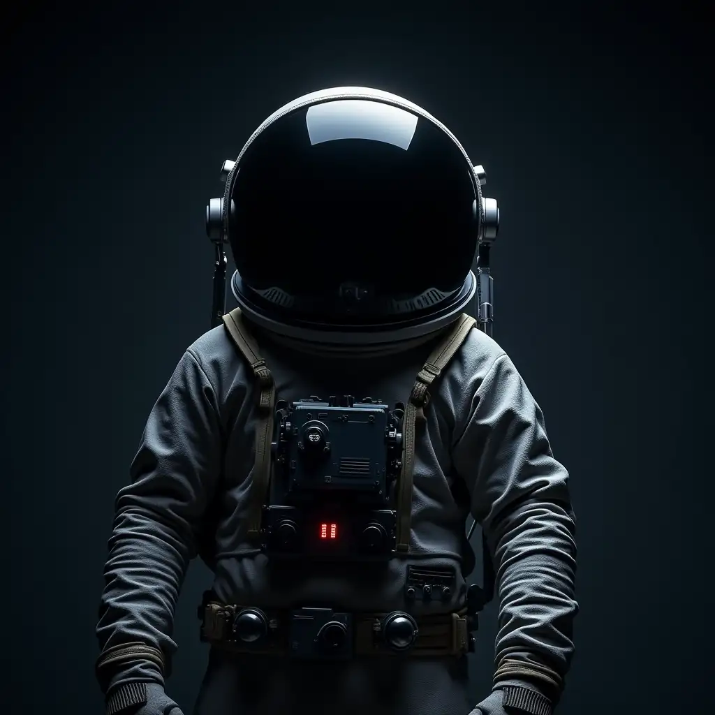 A cosmonaut in a black glass helmet and spacesuit exploring outer space