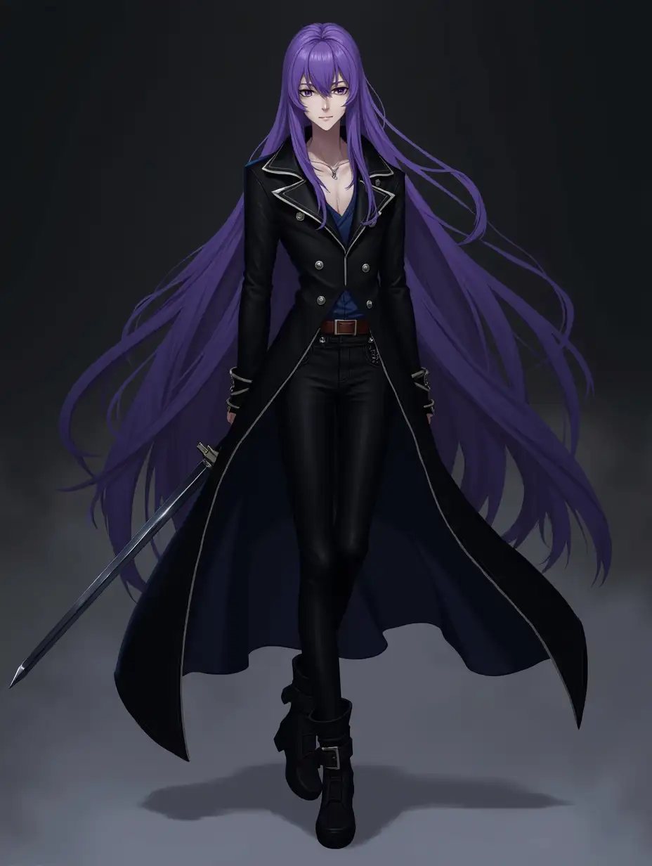 Character in fantasy style, long purple hair, tied hair, long black coat, black pants, boots, sword, without an arm, male, slim, teenager. Dark fantasy background