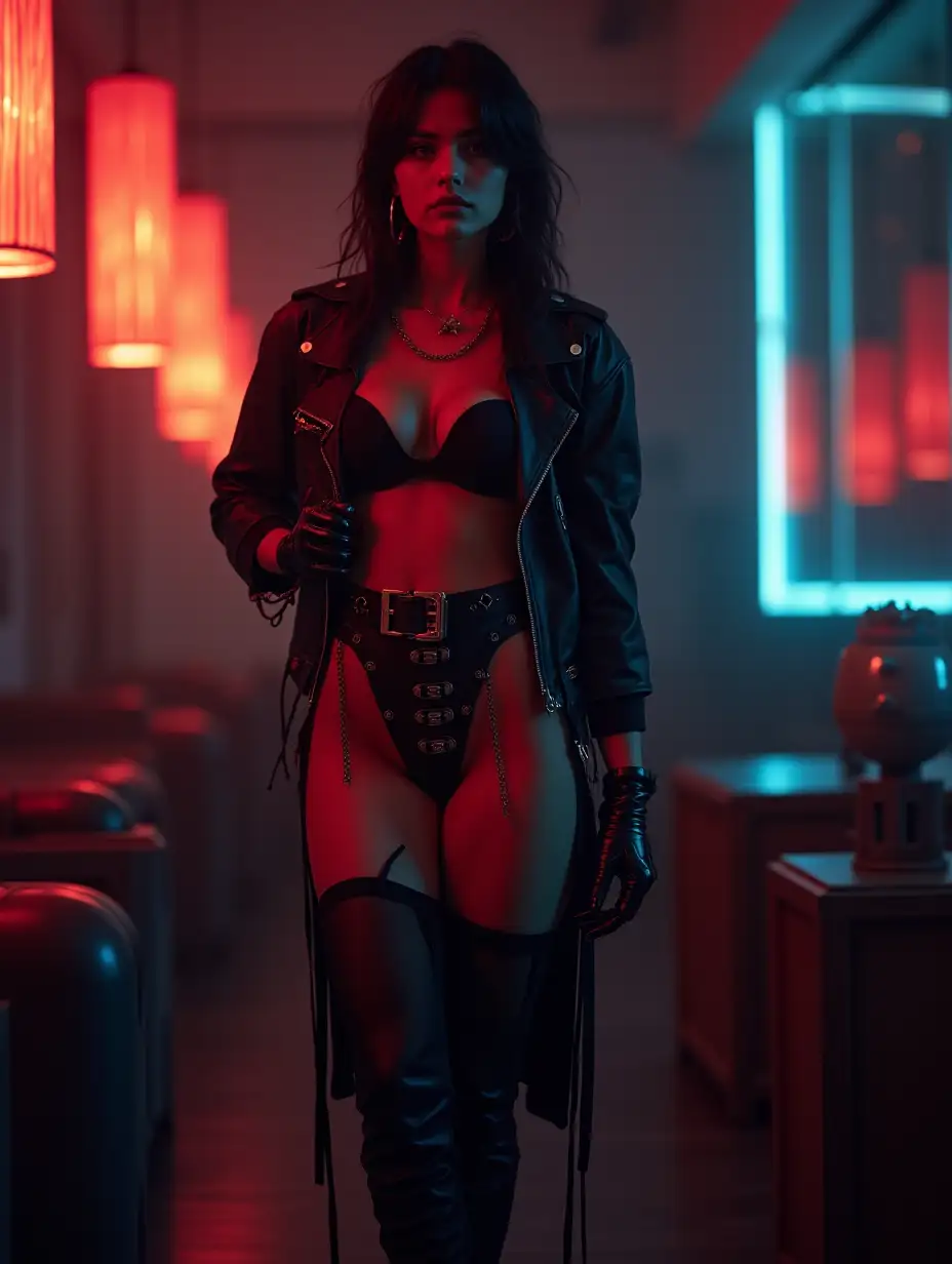 sexy cyber punk girl, Crossing long legs, in thigh highs, candle lite