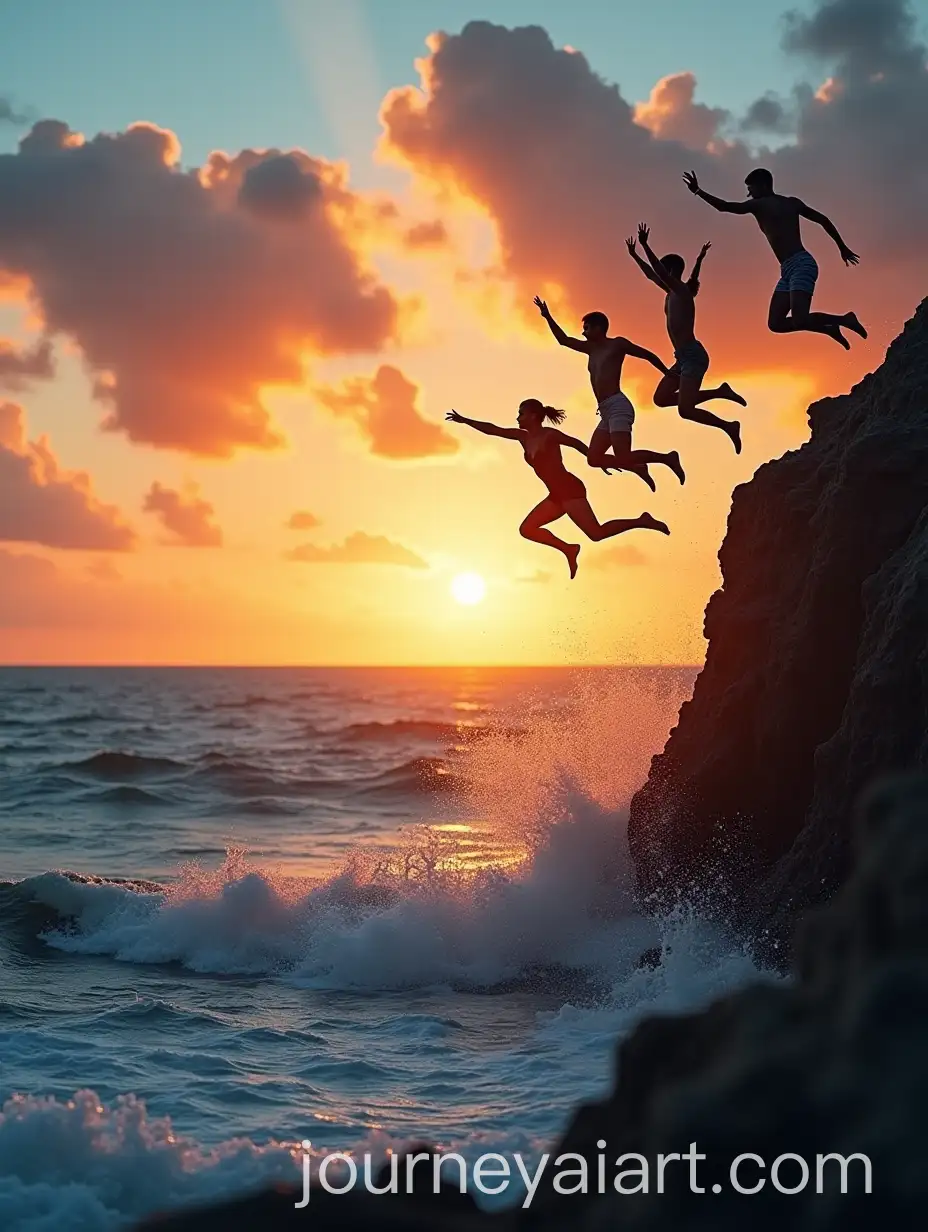 Group-of-Friends-Cliff-Diving-into-Deep-Blue-Ocean-at-Sunset