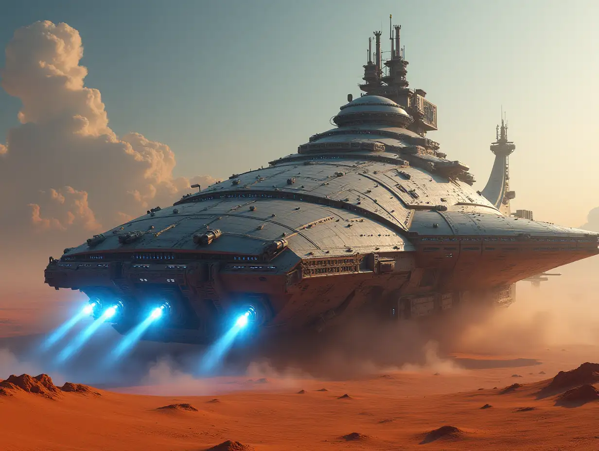 CI create a very large spaceship, with jet propulsion, with blue lasers aside and above, a command center, many bright white windows in the desert