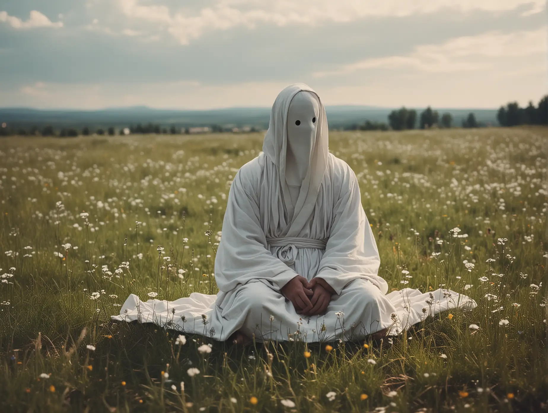 a man dressed in white robes, no face, sitting on a meadow, exuding a cinematic quality with toned color grading, evoking a dreamy, ethereal atmosphere, with a shallow depth of field that blurs the surrounding landscape,dreamcore, weirdcore