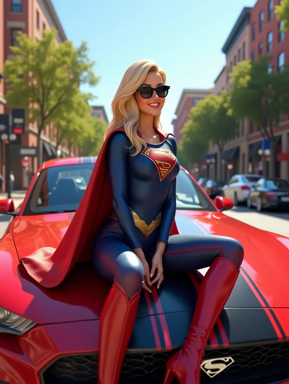 A hyper-realistic 3D-rendered image of Supergirl sitting confidently on the hood of a Red sports car with black racing stripes, resembling a Ford Mustang. She wears a shiny blue and red suit with the iconic 'S' emblem on her chest, a flowing red cape, and knee-high red boots. Her blonde wavy hair cascades down as she sports stylish sunglasses and a charming smile. The background features a lively city street with classic brick buildings, green trees, and parked cars, all under a bright blue sky. The lighting is warm and natural, with cinematic depth of field, high-detail textures, and reflections, rendered in ultra-high-definition 4K.