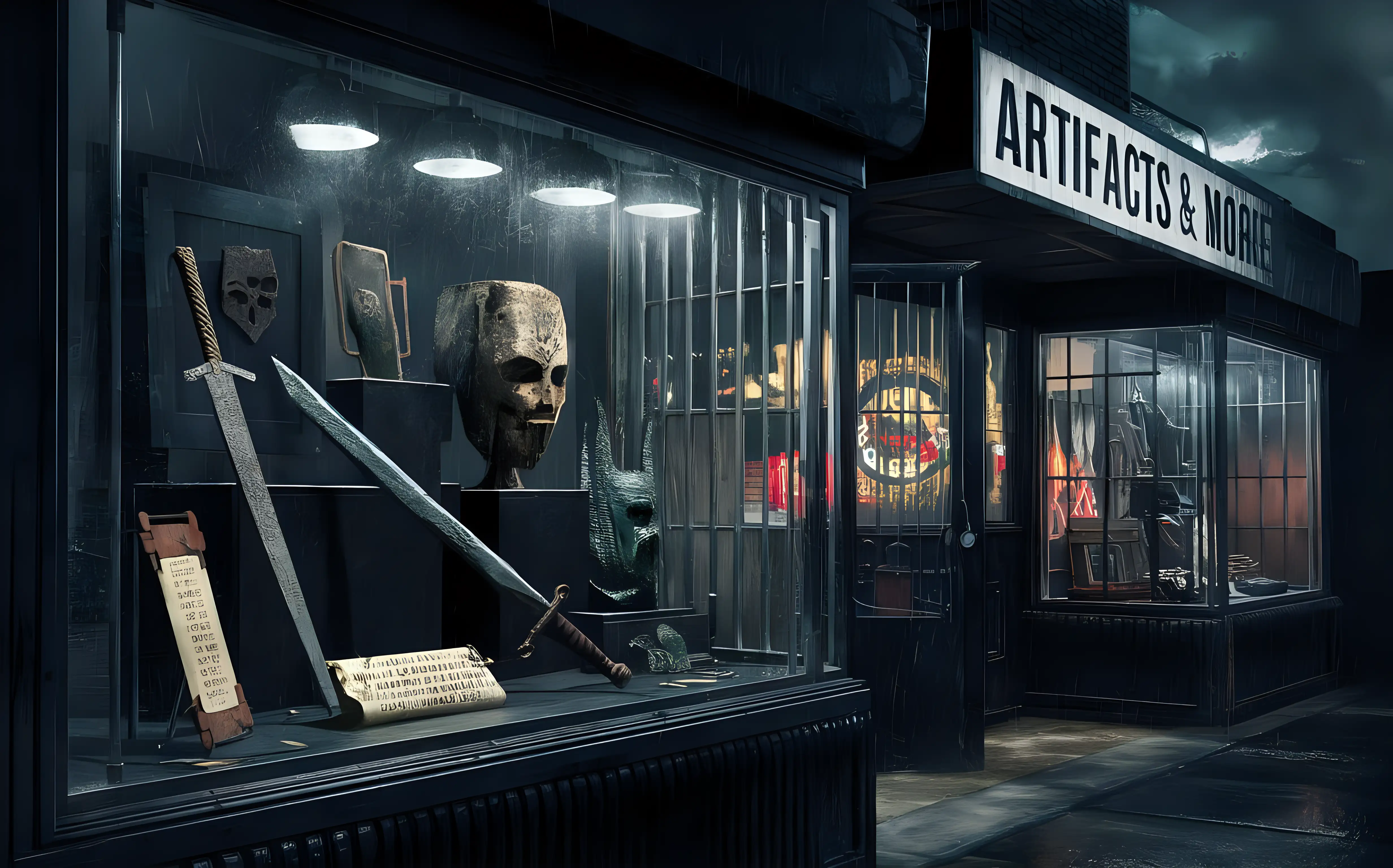 Dark Comic Book Style Ancient Artifacts Storefront