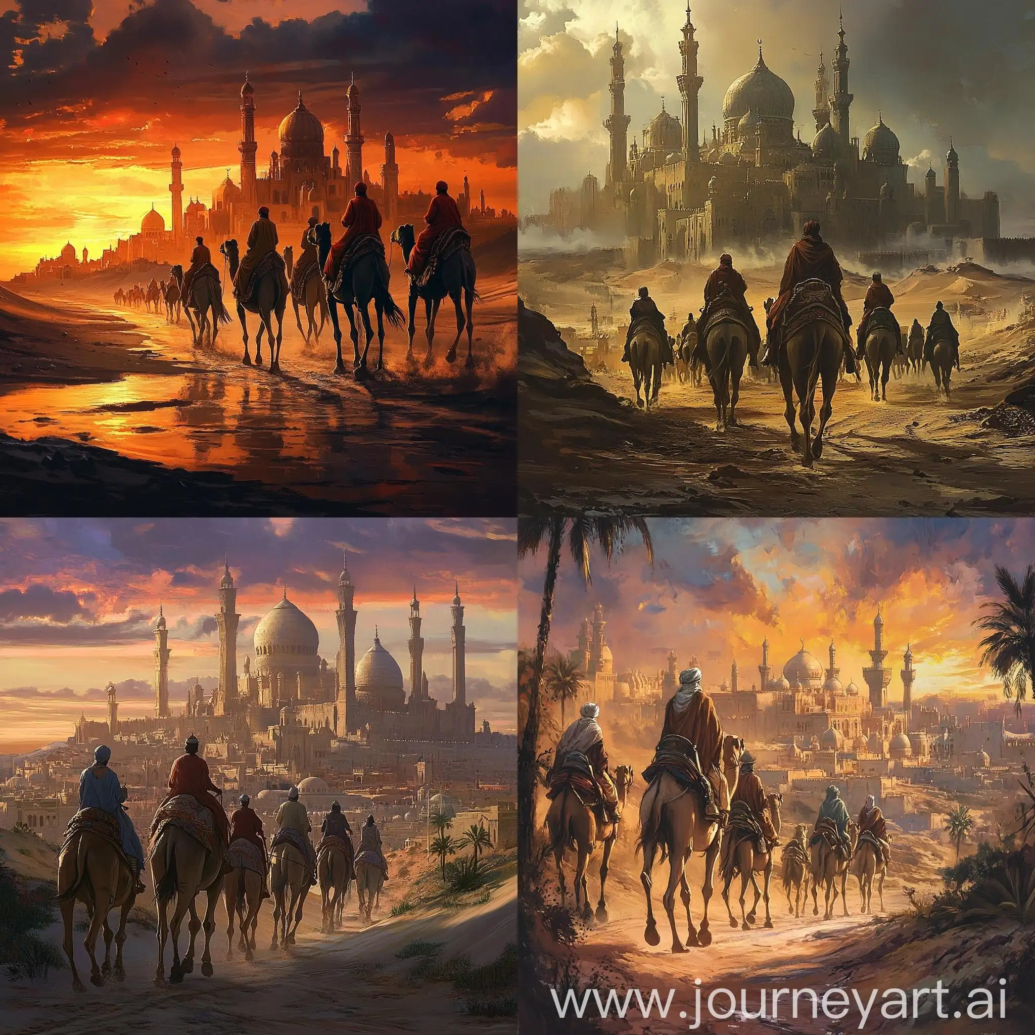 Muslim-Scholars-Riding-Camels-to-a-Desert-City-at-Sunset